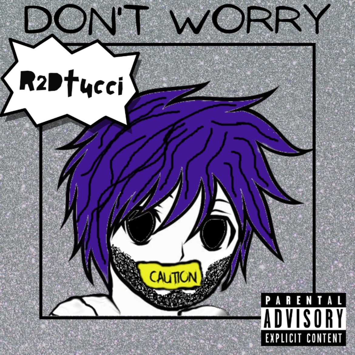 Cartoon character with purple hair and a beard, surrounded by text and graphics on a gray background.